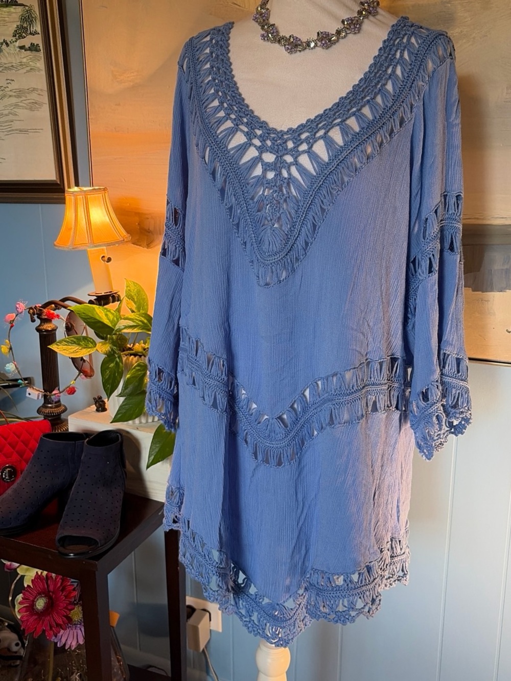 Denim 24 Dusty Blue Crochet V-Neck Tunic